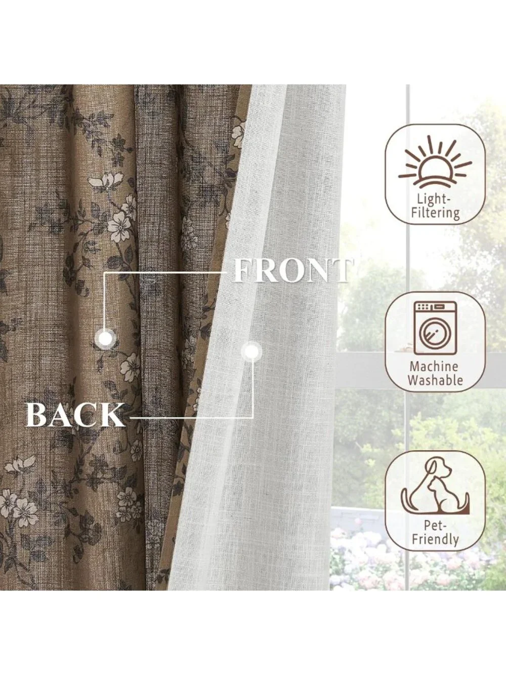 Extra Long Floral Linen Curtains for Living Room - 108 Inches, Elegant Decor